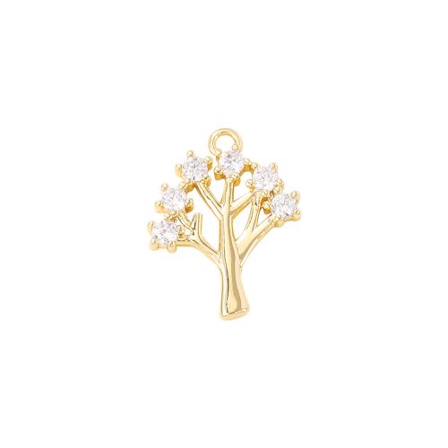 Cubic Zirconia Micro Pave Brass Pendant, Tree, real gold plated, DIY & micro pave cubic zirconia, golden 