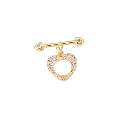 Brass Toggle Clasp, Heart, real gold plated, DIY & micro pave cubic zirconia, golden, O buckle T buckle [