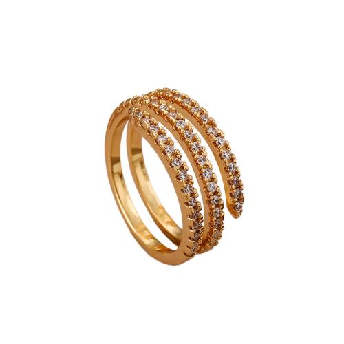 Brass Cuff Finger Ring, gold color plated, three layers & micro pave cubic zirconia & for woman, US Ring 