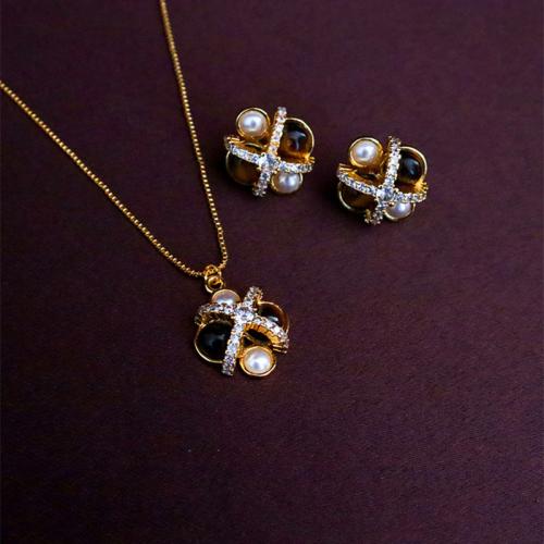 Brass Jewelry Set, with Shell Pearl & Tiger Eye, Geometrical Pattern, gold color plated & micro pave cubic zirconia & for woman 