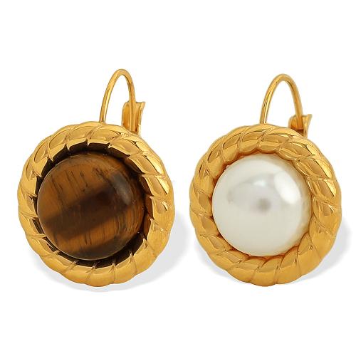 Stainless Steel Drop Earring, 304 Stainless Steel, with Tiger Eye & Plastic Pearl, fashion jewelry & for woman, golden 