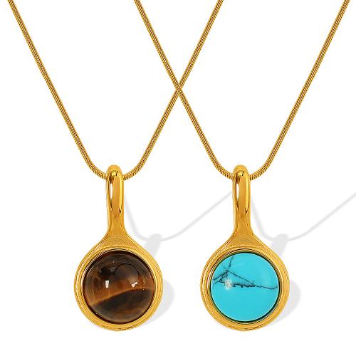 Stainless Steel Jewelry Necklace, 304 Stainless Steel, with turquoise & Tiger Eye, with 5cm extender chain, 18K gold plated, fashion jewelry & for woman, golden Approx 40 cm 