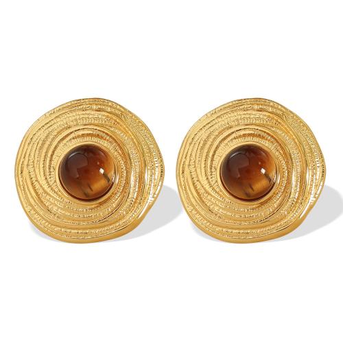 Stainless Steel Stud Earring, 304 Stainless Steel, with Tiger Eye, fashion jewelry & for woman, golden 
