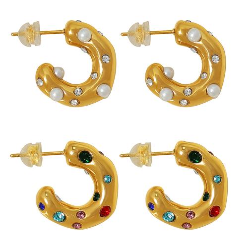 Stainless Steel Rhinestone Stud Earring, 304 Stainless Steel, fashion jewelry & for woman, golden 