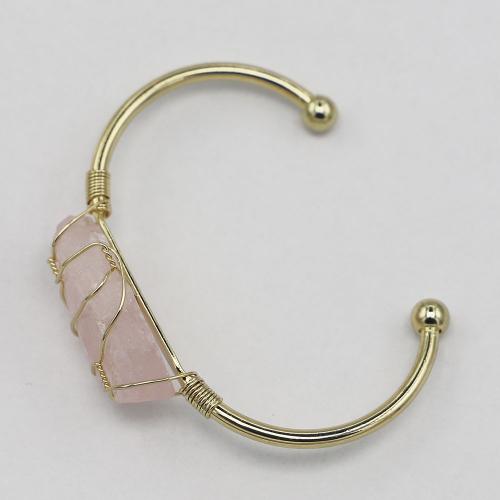 Brass Cuff Bangle, with Rose Quartz, gold color plated, Adjustable & fashion jewelry & for woman 