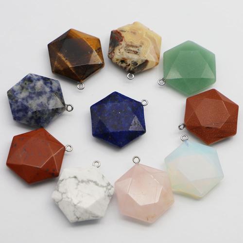 Gemstone Jewelry Pendant, Natural Stone, with Iron, Hexagon, DIY 