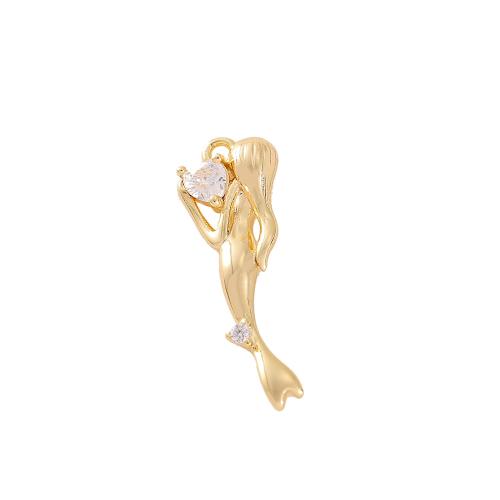 Cubic Zirconia Micro Pave Brass Pendant, Mermaid, real gold plated, DIY & micro pave cubic zirconia, golden 
