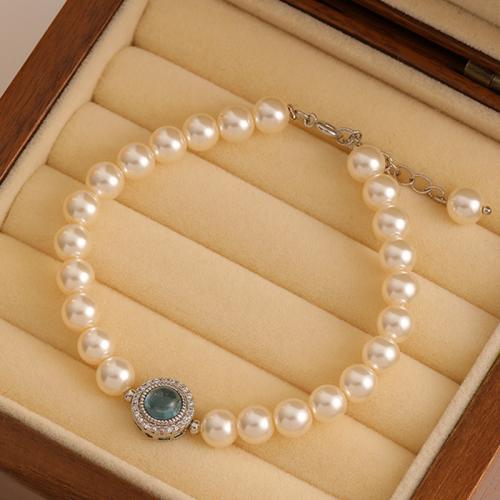 perle de verre bracelet, avec aigue-marine & laiton, avec 1inch chaînes de rallonge, Placage, pavé de micro zircon & pour femme Environ 6.5 pouce, Vendu par PC