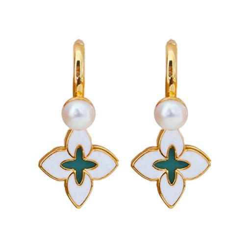 Brass Huggie Hoop Drop Earring, with Freshwater Pearl, Four Leaf Clover, gold color plated, for woman & enamel, 30mm 
