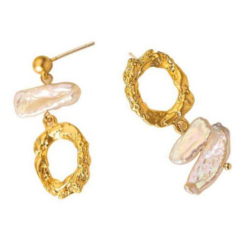 Brass Asymmetric Earrings, with Freshwater Pearl, Geometrical Pattern, plated, for woman & hollow 