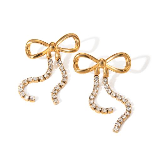 Stainless Steel Drop Earring, 304 Stainless Steel, Bowknot, 18K gold plated, for woman & with rhinestone, golden 