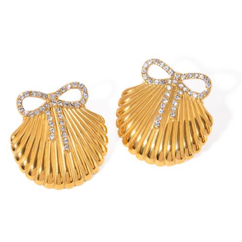 Stainless Steel Rhinestone Stud Earring, 304 Stainless Steel, Shell, 18K gold plated, fashion jewelry & for woman & with rhinestone, golden 