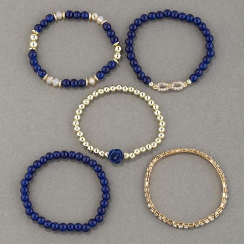 Acrylic Zinc Alloy Bracelets, with Glass Beads & Elastic Thread & Acrylic, plated, 5 pieces & for woman & with rhinestone Approx 18 cm [