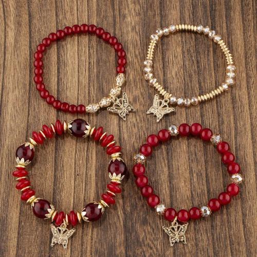 Acrylic Zinc Alloy Bracelets, with Glass Beads & Elastic Thread & Acrylic, plated, 4 pieces & fashion jewelry & for woman [