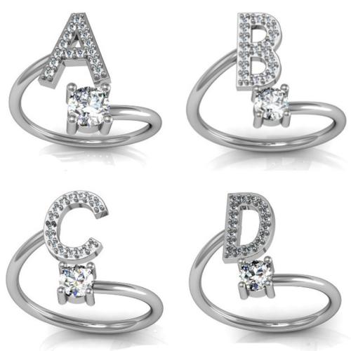 Cubic Zirconia Micro Pave Brass Finger Ring, letters are from A to Z & micro pave cubic zirconia & for woman, silver color 