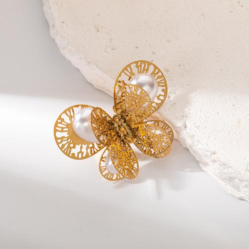 Edelstahl Fingerring, 304 Edelstahl, mit Kunststoff Perlen, Schmetterling, goldfarben plattiert, für Frau & hohl, verkauft von PC
