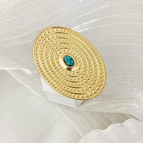 Gemstone Stainless Steel Finger Ring, 304 Stainless Steel, with turquoise, gold color plated, for woman 