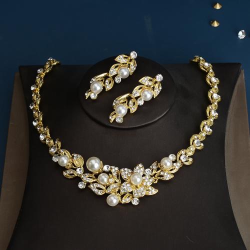 Rhinestone Zinc Alloy Necklace, Stud Earring & necklace, with Plastic Pearl, fashion jewelry & for woman & with rhinestone Approx 48 cm 