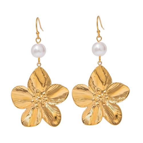 Stainless Steel Drop Earring, 304 Stainless Steel, with Glass Pearl, Flower, 18K gold plated, fashion jewelry & for woman, golden 