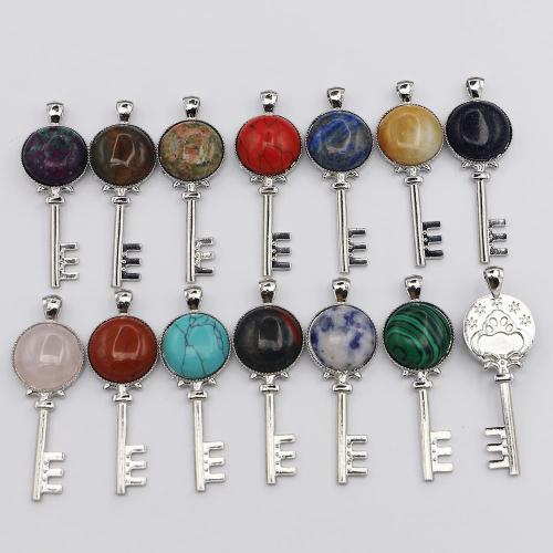 Gemstone Zinc Alloy Pendants, Natural Stone, with Zinc Alloy, Key, silver color plated, DIY 