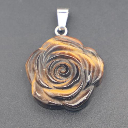 Gemstone Jewelry Pendant, Natural Stone, with Iron & 304 Stainless Steel, Rose, Carved, DIY 