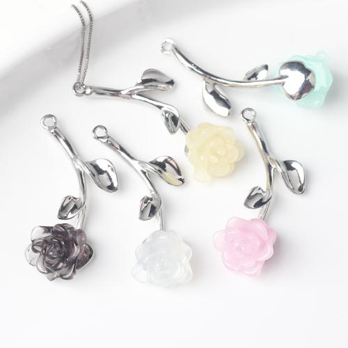 Resin Zinc Alloy Pendants, with Resin, Rose, silver color plated, DIY 