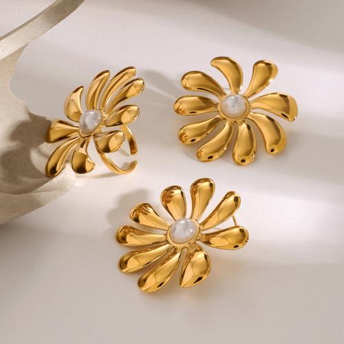 Conjuntos de joyería de acero inoxidable, acero inoxidable 304, con Perlas plásticas, Flor, diferentes estilos para la opción & para mujer, dorado, Vendido por UD