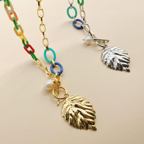 Titanium Steel Jewelry Necklace, with Resin & Plastic Pearl, Leaf, plated, for woman 