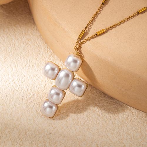 Stainless Steel Jewelry Necklace, 304 Stainless Steel, with Plastic Pearl, Cross, gold color plated, for woman cm 