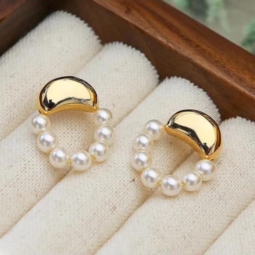 Plastic Pearl Zinc Alloy Earring, with Plastic Pearl, 18K gold plated, fashion jewelry & for woman, white, 25mm 