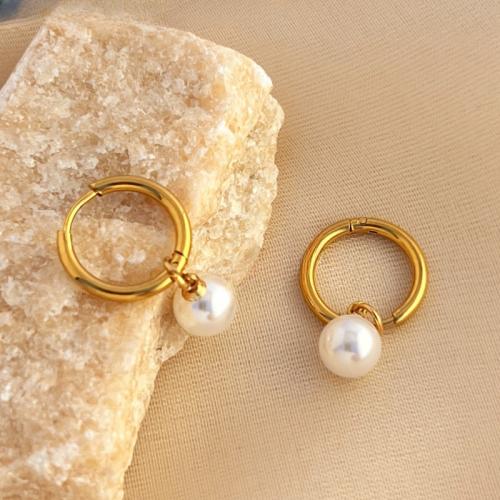 Stainless Steel Hoop Earring, 304 Stainless Steel, with Plastic Pearl, fashion jewelry & for woman, golden 