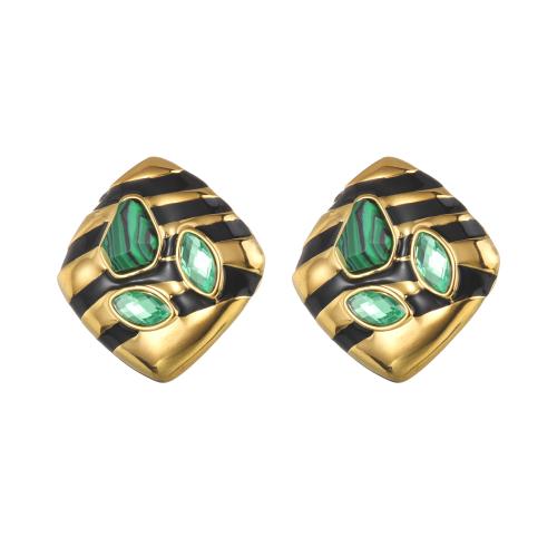 Stainless Steel Rhinestone Stud Earring, 304 Stainless Steel, with Malachite, for woman & enamel & with rhinestone, golden [