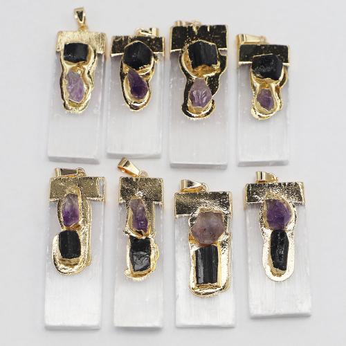 Gemstone Brass Pendants, Gypsum Stone, with Schorl & Amethyst & Brass & Iron & 304 Stainless Steel, Rectangle, gold color plated, DIY mm mm mm 