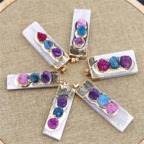 Gemstone Brass Pendants, Gypsum Stone, with Agate & Brass & Iron & 304 Stainless Steel, Rectangle, gold color plated, DIY, mixed colors mm mm mm 