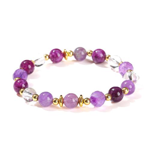 Amethyst Bracelet, with Purple Chalcedony & Clear Quartz & Brass, Round, handmade, fashion jewelry & for woman Approx 6-8 Inch [