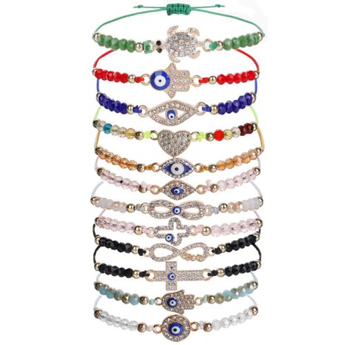 Evil Eye Bracelet Bijoux, alliage de zinc, avec Cordon de noeud & cristal, fait à la main, 12 pièces & unisexe & émail & avec strass, couleurs mélangées Environ 17-34 cm, Vendu par fixé