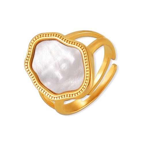 Titane Acier Bague, Acier titane, avec coquille blanche, Plaqué or 18K, bijoux de mode & pour femme, doré, Vendu par PC