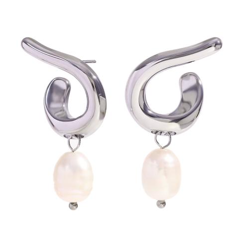 Titanium Steel Earrings, with Plastic Pearl, plated, fashion jewelry 