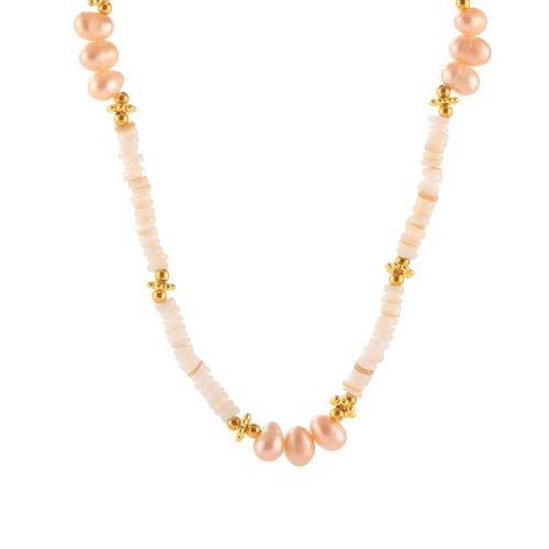 Collier de perles d'eau douce coquille, Acier titane, avec coquillage & perle d'eau douce cultivée, avec 5cm chaînes de rallonge, Placage de couleur d'or, bijoux de mode & pour femme Environ 42 cm, Vendu par PC