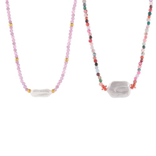 Collier de bijoux de titane, Acier titane, avec Pierre naturelle & perle de plastique, Plaqué or 18K, bijoux de mode & styles différents pour le choix & pour femme, Vendu par PC