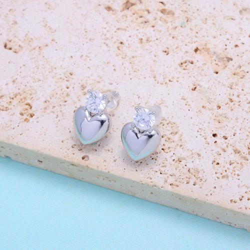 Rhinestone Brass Stud Earring, Heart, silver color plated, for woman & with rhinestone, nickel, lead & cadmium free 