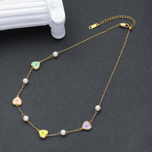 Titanium Steel Jewelry Necklace, with Plastic Pearl, gold color plated, for woman & enamel & with rhinestone, nickel, lead & cadmium free 