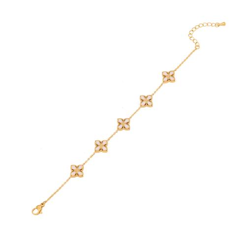 304 Stainless Steel Bracelet, with Plastic Pearl, with 1.6inch extender chain, Flower, gold color plated & micro pave cubic zirconia & for woman Approx 6.7 Inch 