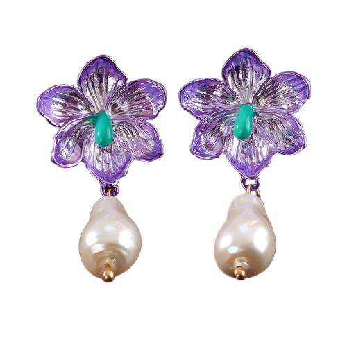 Enamel Zinc Alloy Stud Earring, with Plastic Pearl, petals, plated, for woman, purple 