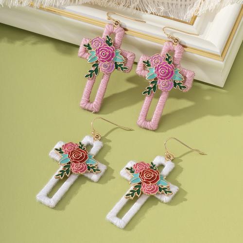 Enamel Zinc Alloy Drop Earring, with Cotton Thread, Cross, handmade, for woman 