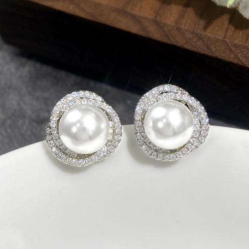 Cubic Zirconia Pendiente Brass Micro Pave, metal, con Perlas plásticas, Joyería & micro arcilla de zirconia cúbica & para mujer, más colores para la opción, 14mm, Vendido por Par