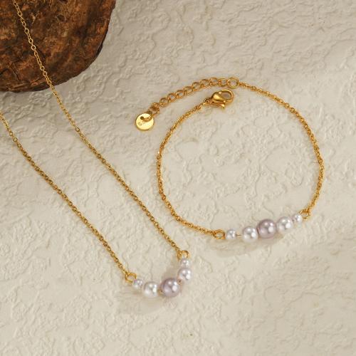 Conjuntos de joyería de acero inoxidable, acero inoxidable 304, con Perlas plásticas, chapado en color dorado, diferentes patrones para la opción, dorado, Vendido por UD