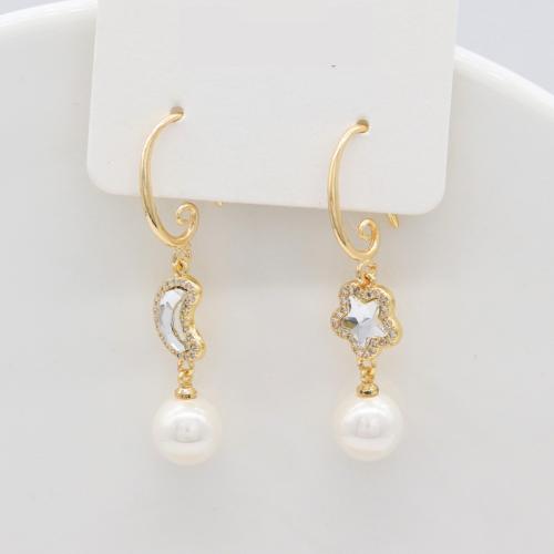 Brass Earring Drop Component, with Plastic Pearl, plated & micro pave cubic zirconia, gold 