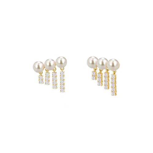 Cubic Zirconia Pendiente Brass Micro Pave, metal, con Perlas plásticas, Joyería & micro arcilla de zirconia cúbica & para mujer, dorado, 19x15mm, Vendido por Par