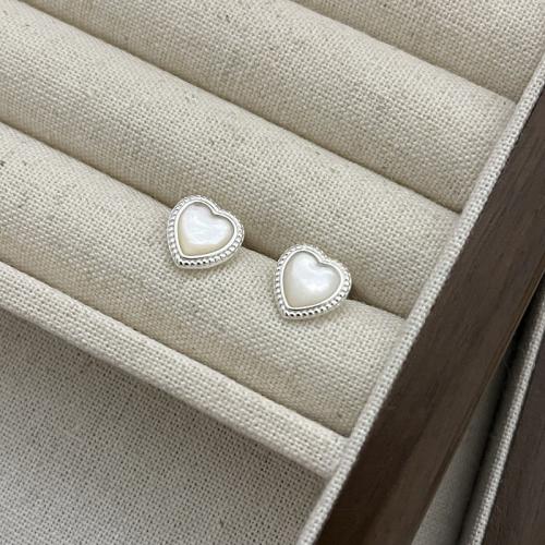 Sterling Silver Stud Earring, Argent sterling 925, avec coquille blanche, coeur, bijoux de mode & pour femme Vendu par paire